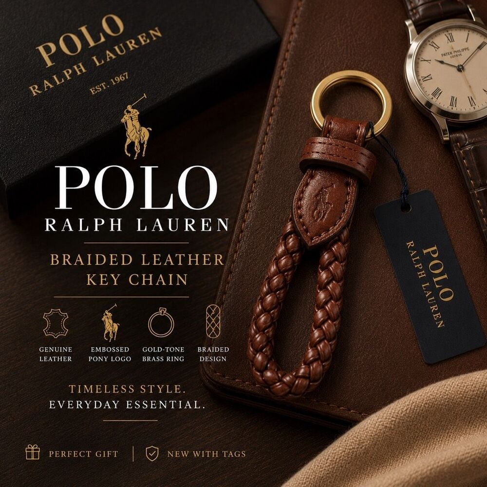 Polo Ralph Lauren Braided Genuine Leather Key Chain Brown Brass Ring NWT Pony